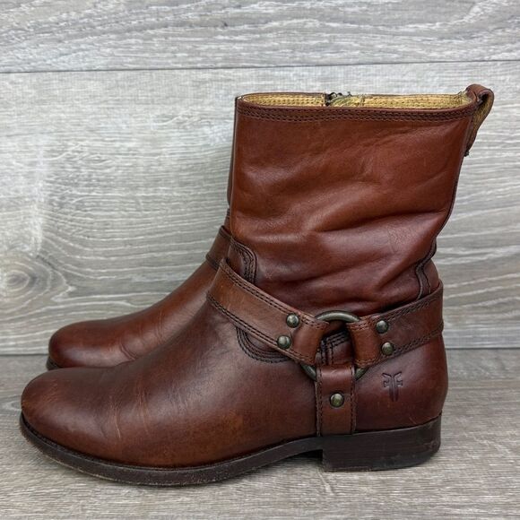 Frye Veronica Harness Short Women’s Sz 5.5B Cognac Zip Pull On Leather Boots - Picture 3 of 14